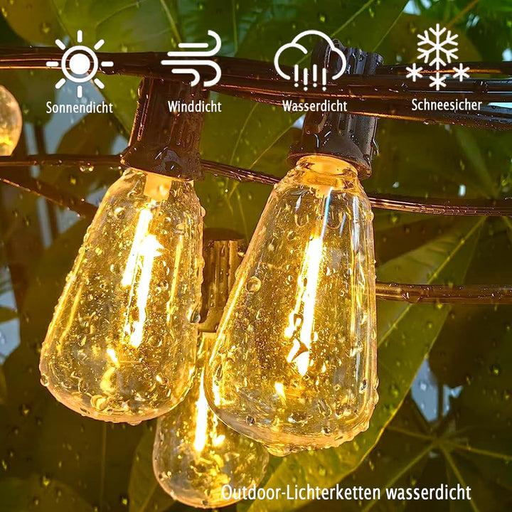 15M Lichterkette Aussen LED ST38 Edison Outdoor Lichterkette wasserdicht IP44 mit 25+1 Plastikbirne