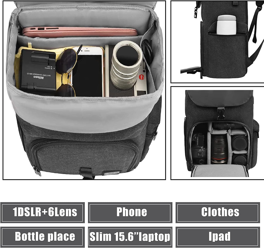 CADeN Kamerarucksack, Leinwand Professionell Fotorucksack Vintage Kameratasche 15.6''Laptopfach Komp