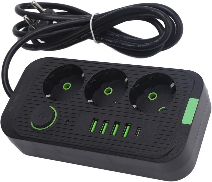 Überspannungsschutz, Europäische 10-A-2500-W-Steckdosenleiste mit 3 Steckdosen, 4 USB- und 1 Typ-C-A
