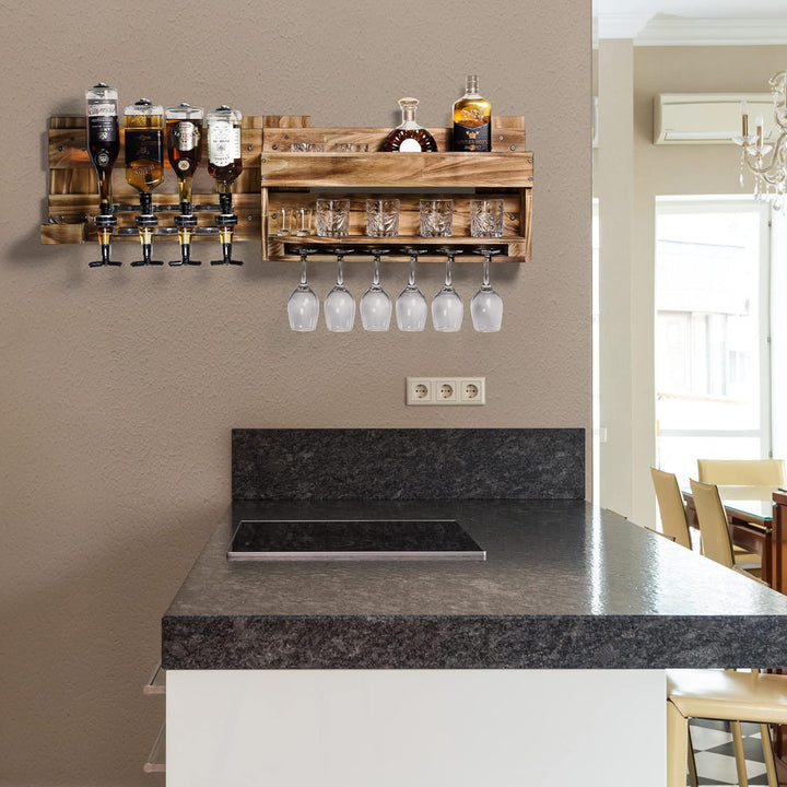 Yorbay Weinregal Palette beflammt Holz, Wandbar mit 4 Getränkespender Wand Flaschenhalter Flaschenha