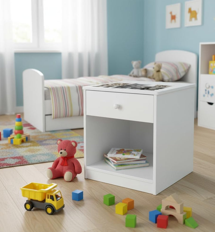 Leomark Nachttisch aus Holz - Katzen - Nachtschränkchen mit Schublade, Nachtschrank für Kinder, Weis