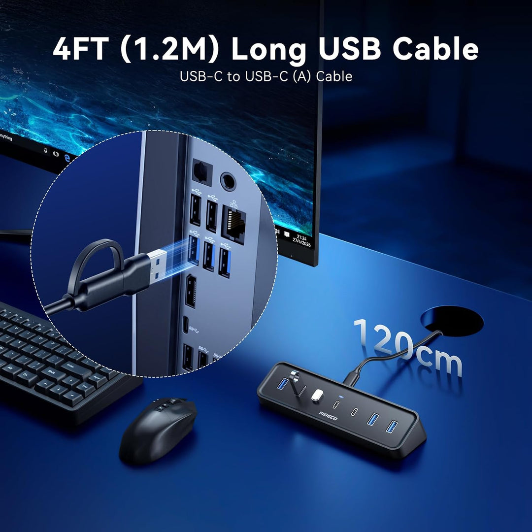 FIDECO 7 Port USB 3.0 Hub mit 1.2m Kabel für Desktop/PC/MacBook, 5Gbps USB Verteiler mit 4 USB-A + 3