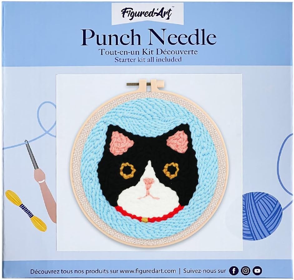 Figured'Art Punch Needle Set für Erwachsene - Stickerei, ideal für Anfänger - Katzenkopf - 20x20cm m