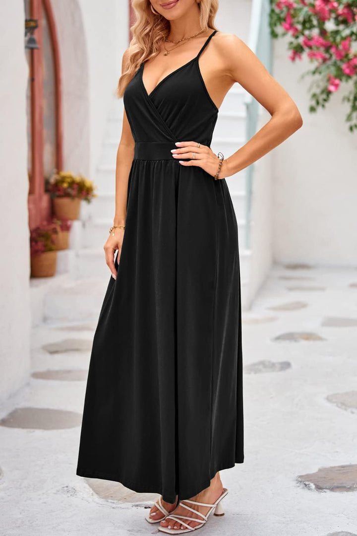 OUGES Damen Sommerkleid V-Ausschnitt Maxikleid Rückenfreies High Waist Spaghetti Strap Freizeitkleid