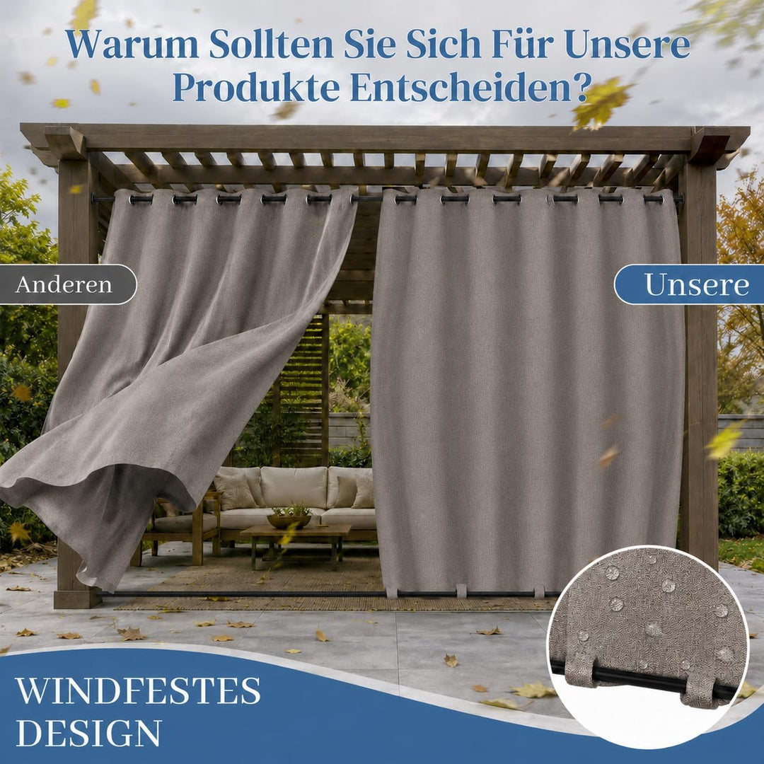 Rosnek Outdoor Vorhang Wetterfest Extra Breit B254 x H214 cm, 100% Blickdicht Winddicht mit Ösen Obe