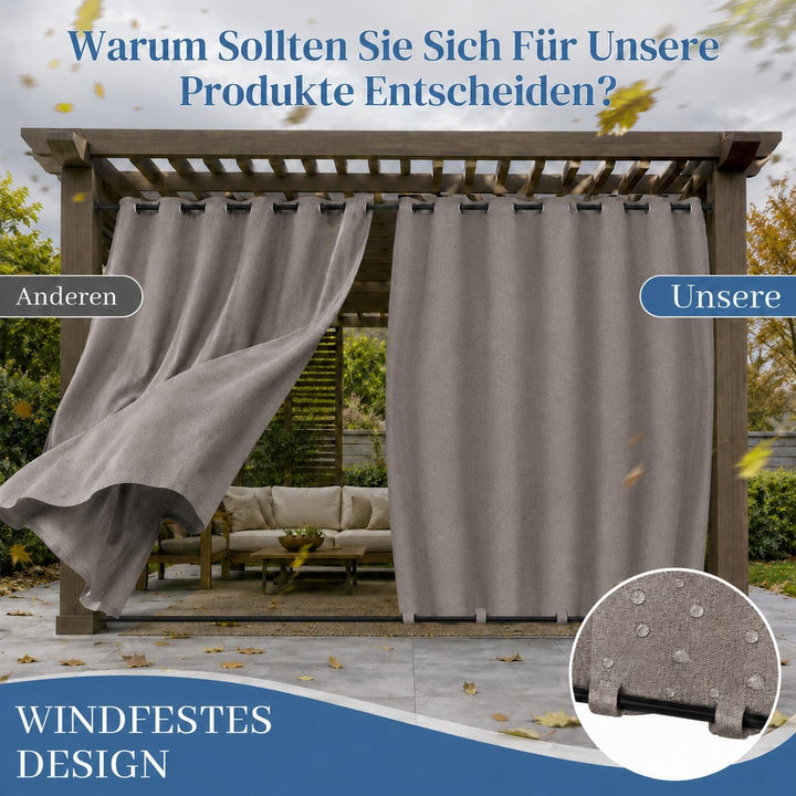 Rosnek Outdoor Vorhang Wetterfest Extra Breit B254 x H214 cm, 100% Blickdicht Winddicht mit Ösen Obe