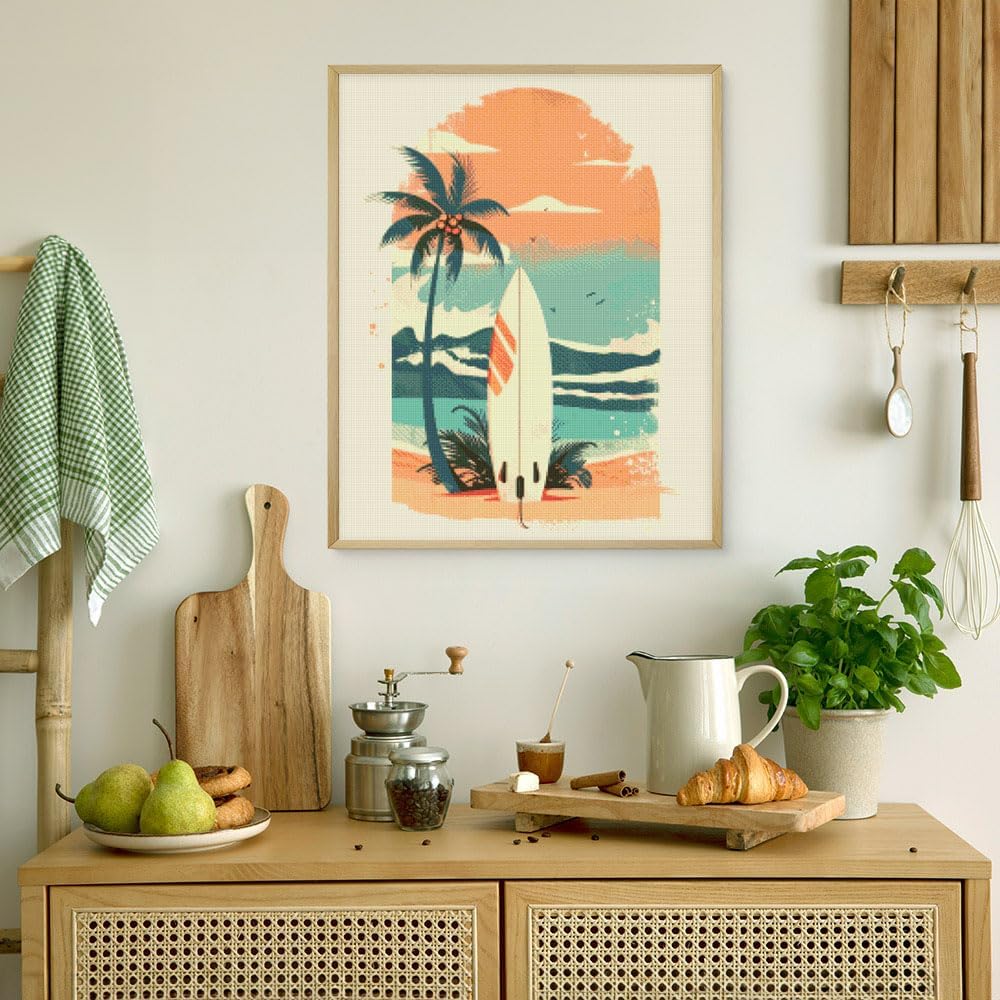Figured'Art Diamond Painting Erwachsene 40x50cm Mit Rahmen Ganze Leinwand gespannt Surfbrett am Stra
