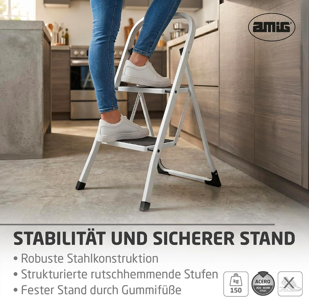 Amig Klappleiter 2 Stufen Stahl Weiss 82x52x42 cm