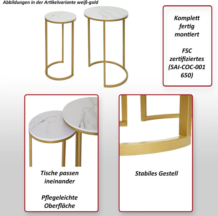 Mendler 2er-Set Beistelltisch HWC-K46, Kaffeetisch Nachttisch Loungetisch, Marmor-Optik MVG-Zertifiz