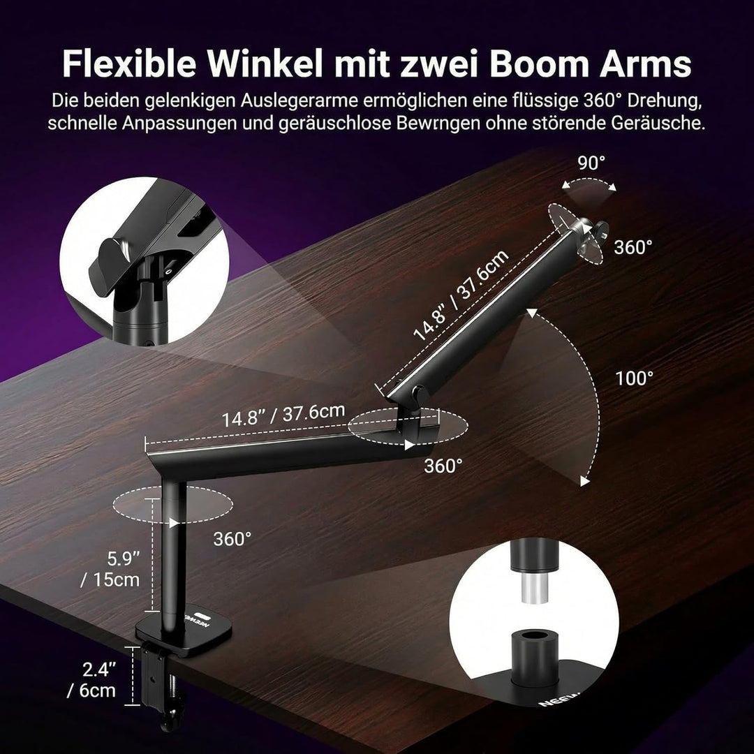 NEEWER Microphone Stand, Low Profile gedämpfter Mikrofon Halterung mit Boom Arm, 360° Kugelkopf, ver