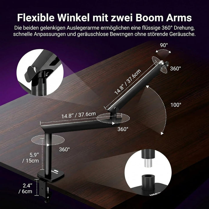 NEEWER Microphone Stand, Low Profile gedämpfter Mikrofon Halterung mit Boom Arm, 360° Kugelkopf, ver
