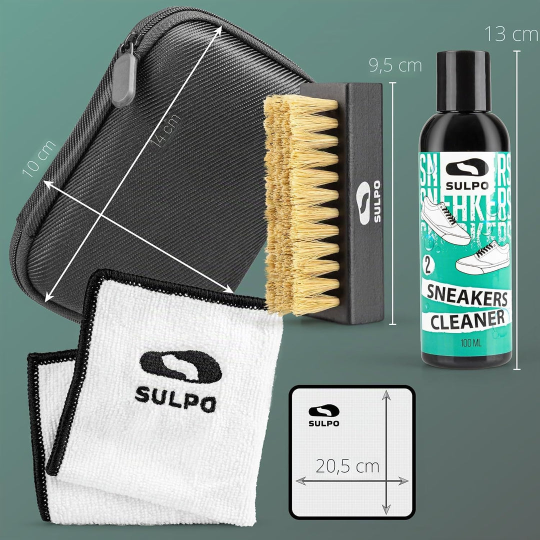 SULPO Sneaker Reinigungsset – pH-Neutrale Schuhputzsets, Bürste &amp; Mikrofasertuch, Schonend für Leder