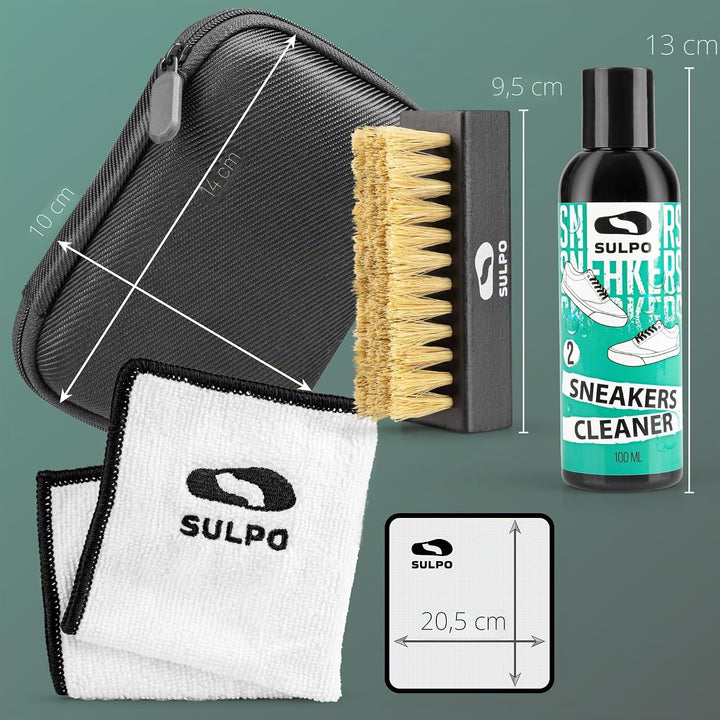 SULPO Sneaker Reinigungsset – pH-Neutrale Schuhputzsets, Bürste &amp; Mikrofasertuch, Schonend für Leder