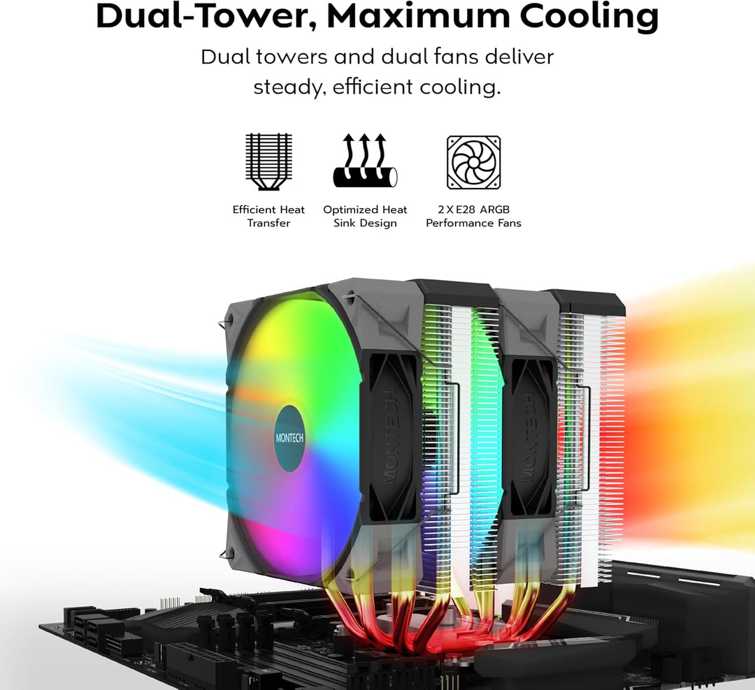 MONTECH NX600 ARGB Dual-Tower CPU-Luftkühler mit 6 Heatpipes und Premium-Oberabdeckung, 28 mm E28 AR