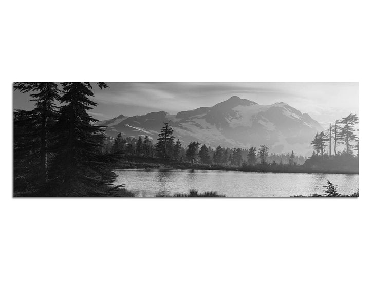 Paul Sinus Art Leinwandfoto als Panorama SCHWARZ/Weiss 120x40cm Berge Schnee Waldsee Bäume Natur