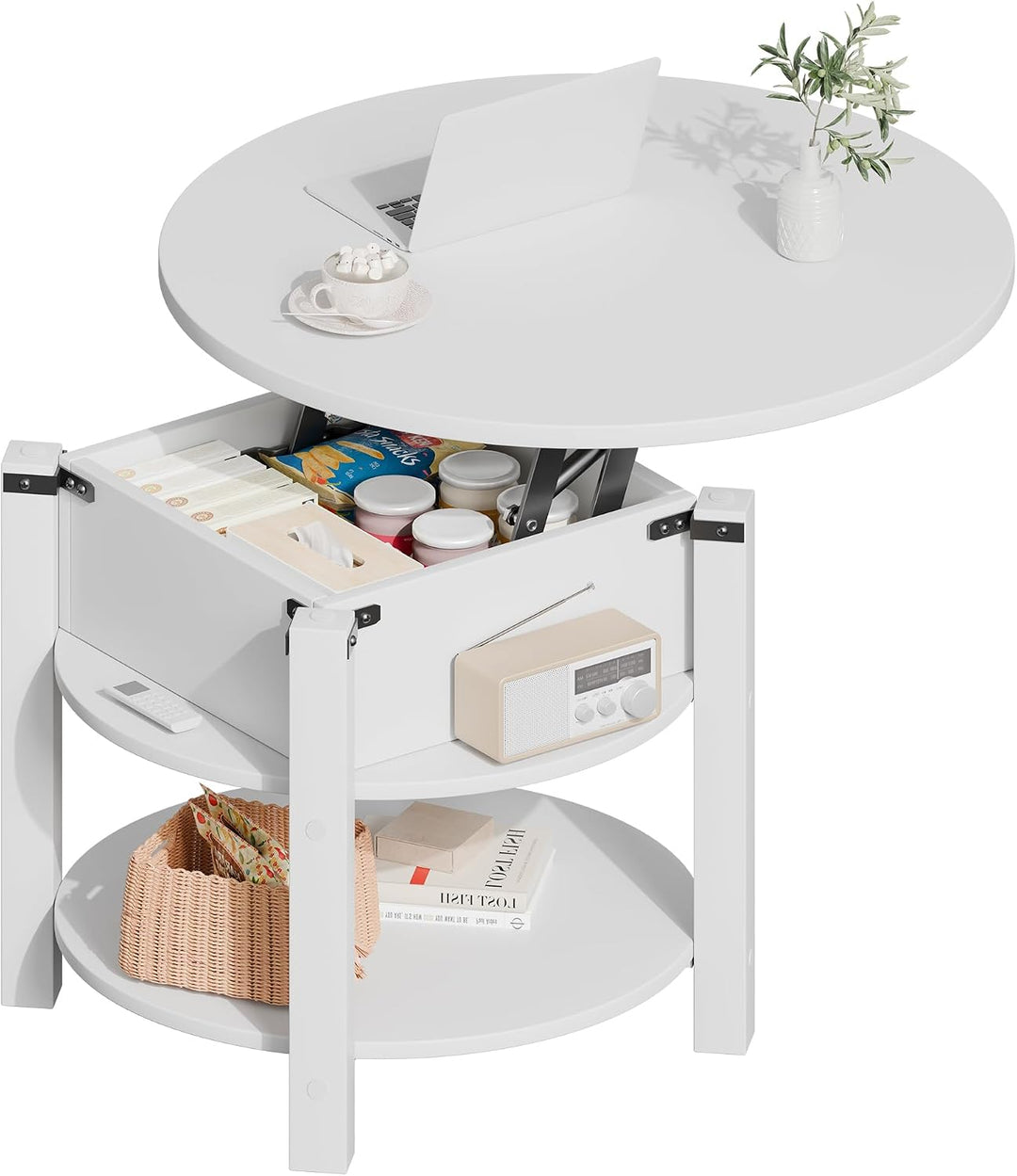 ELUCHANG Couchtisch Rund mit Hebeplatte, Couchtisch Höhenverstellbarer 2 in 1, Beistelltisch Wohnzim