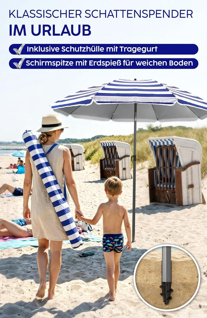 4smile Strandschirm SunnyJoy, Ø 180 cm Blau-Weiss - UPF 50+ Sonnenschirm Strand mit Hülle, Sonnensch