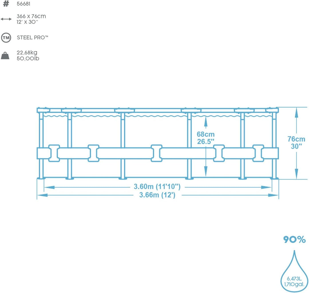 Bestway Steel Pro Frame Pool Set, rund, mit Filterpumpe 366 x 76 cm, 56681, Blau, Ø 366 x 76 cm