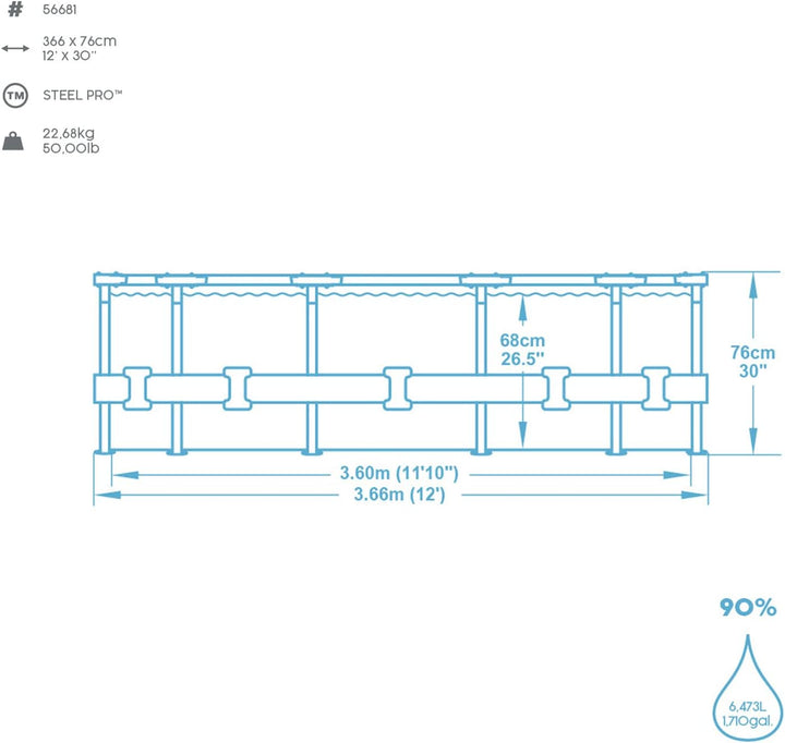 Bestway Steel Pro Frame Pool Set, rund, mit Filterpumpe 366 x 76 cm, 56681, Blau, Ø 366 x 76 cm