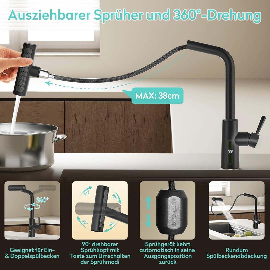 KAIYING Wasserhahn Küche Ausziehbar mit Temperaturanzeige (Batterielos), Hochdruck Wasserfall Küchen