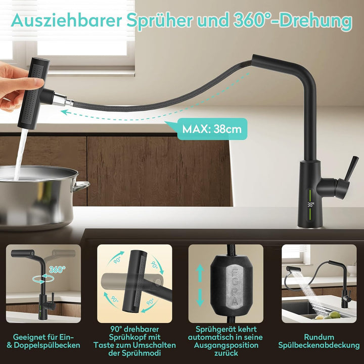 KAIYING Wasserhahn Küche Ausziehbar mit Temperaturanzeige (Batterielos), Hochdruck Wasserfall Küchen