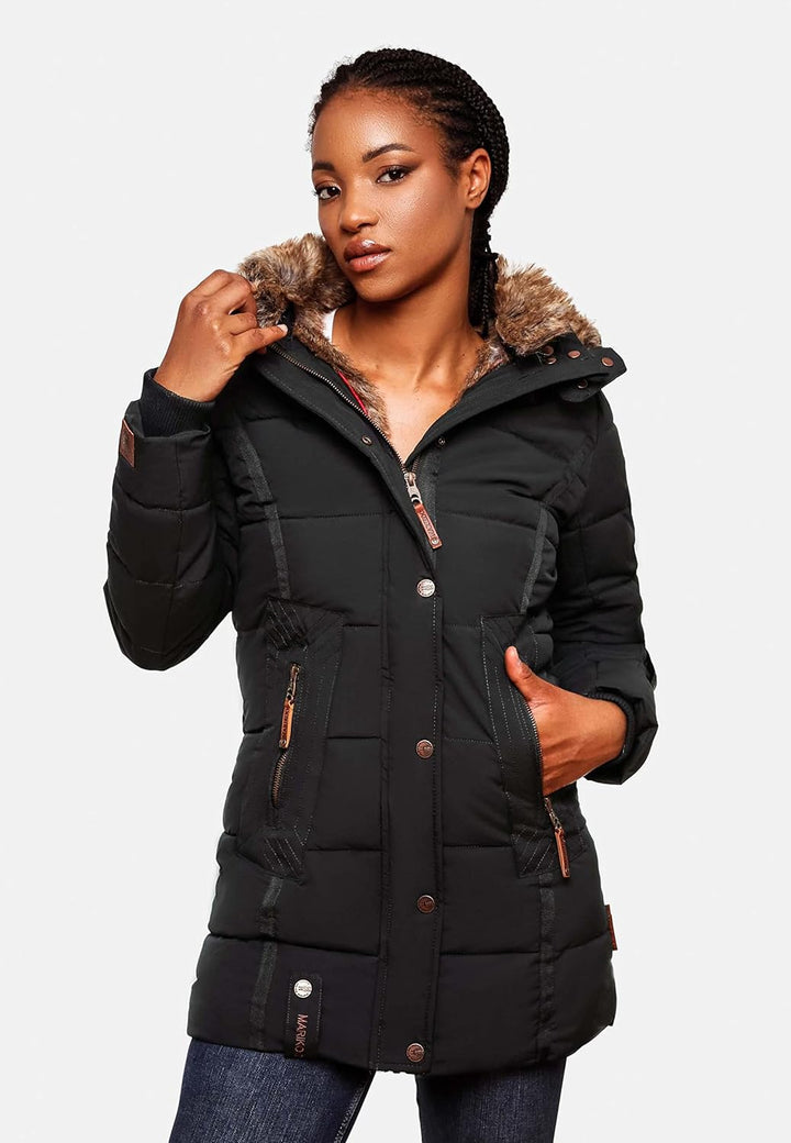 MARIKOO Damen Warmer Winter Steppmantel mit Kapuze Lieblings Jacke XS-XXL XXL Schwarz, XXL Schwarz