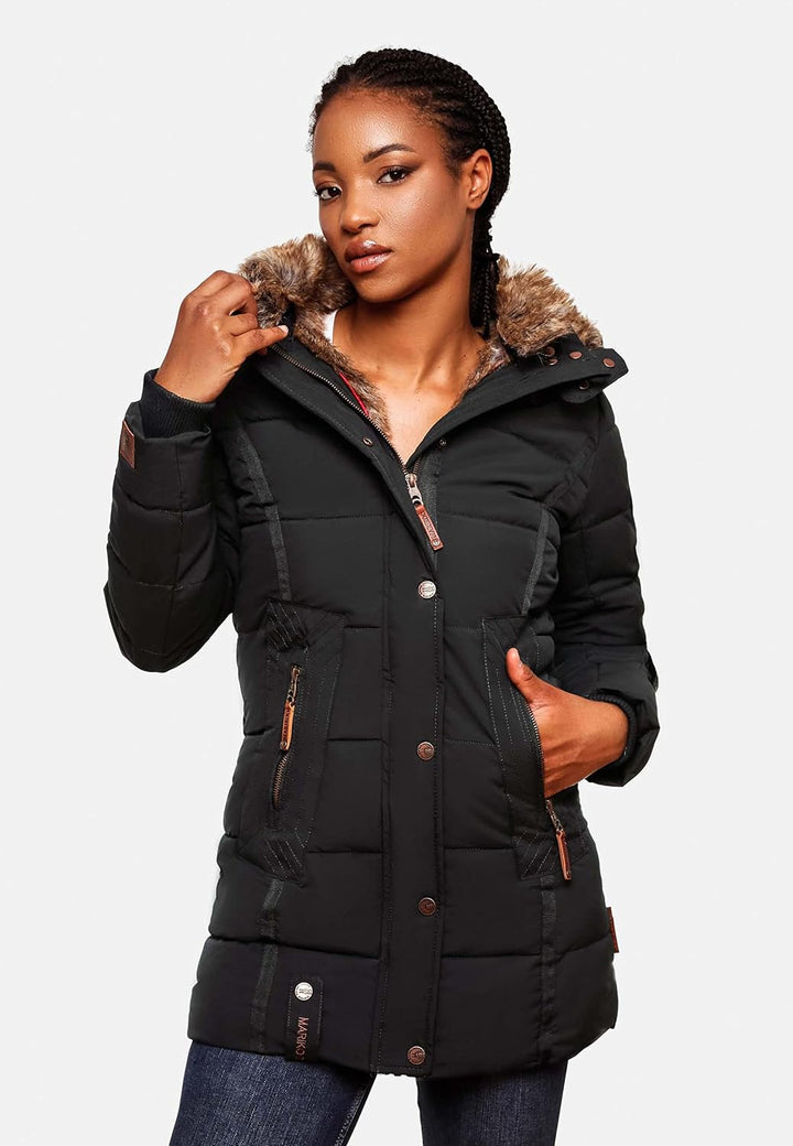 MARIKOO Damen Warmer Winter Steppmantel mit Kapuze Lieblings Jacke XS-XXL L Schwarz, L Schwarz