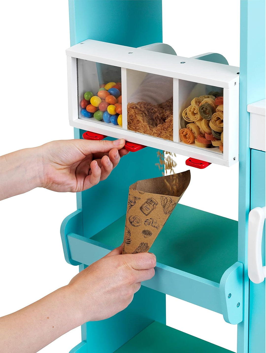 Theo Klein 9391 Supermarkt, Holz (MDF) I Moderner Kaufmannsladen inkl. Kasse, Schranke, Kreidetafel
