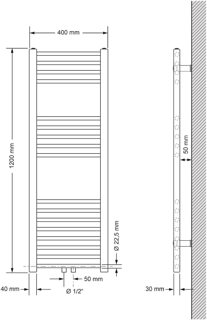 ECD Germany Badheizkörper Mittelanschluss 400 x 1200 mm Weiss gerade mit Thermostat und Anschlussgar