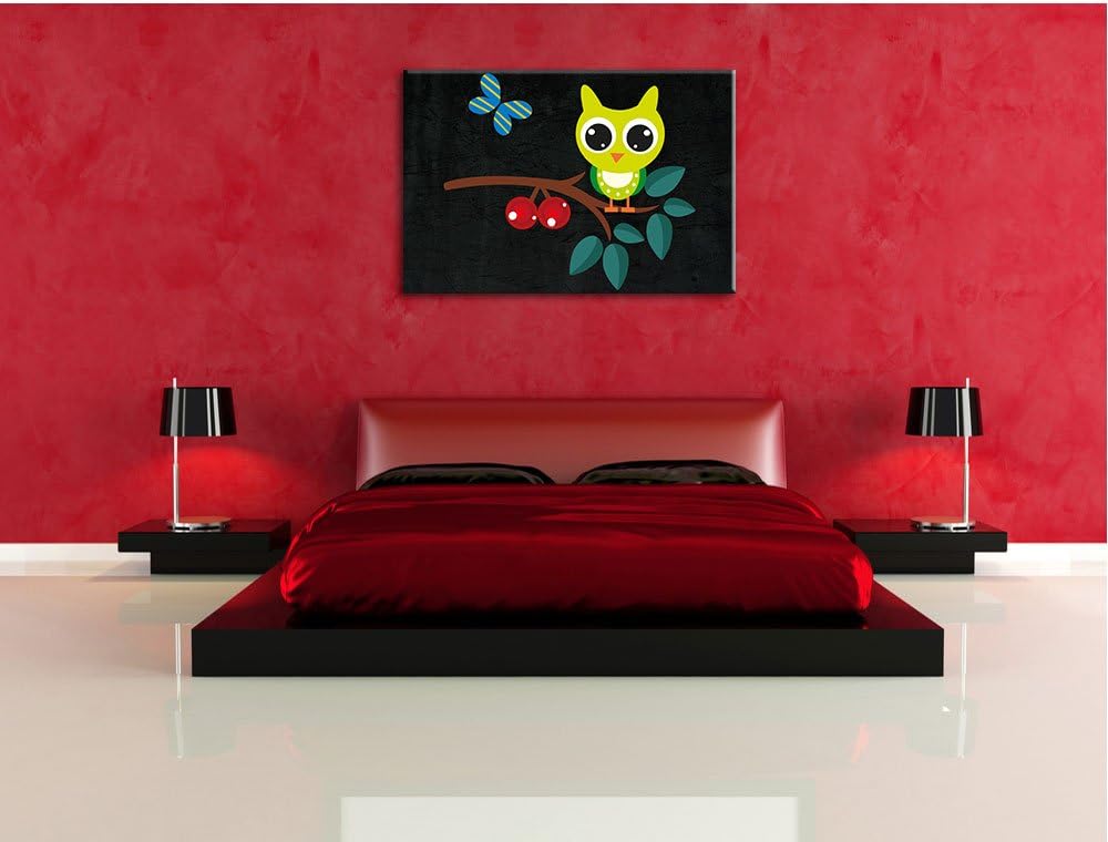 Pixxprint Eule auf AST mit Schmetterling / 100x70cm Leinwandbild bespannt auf Holzrahmen/Wandbild Ku