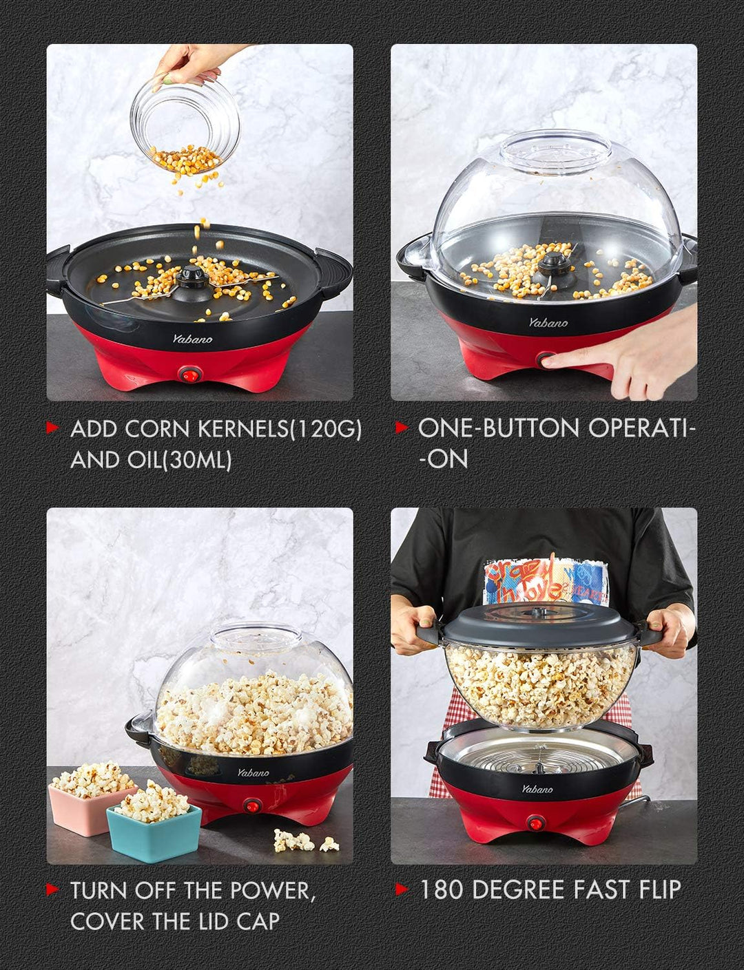 Yabano Popcornmaschine für Zuhause, Popcorn Maker Machine mit Zucker & Öl, Abnehmbare Heizfläche, 5L
