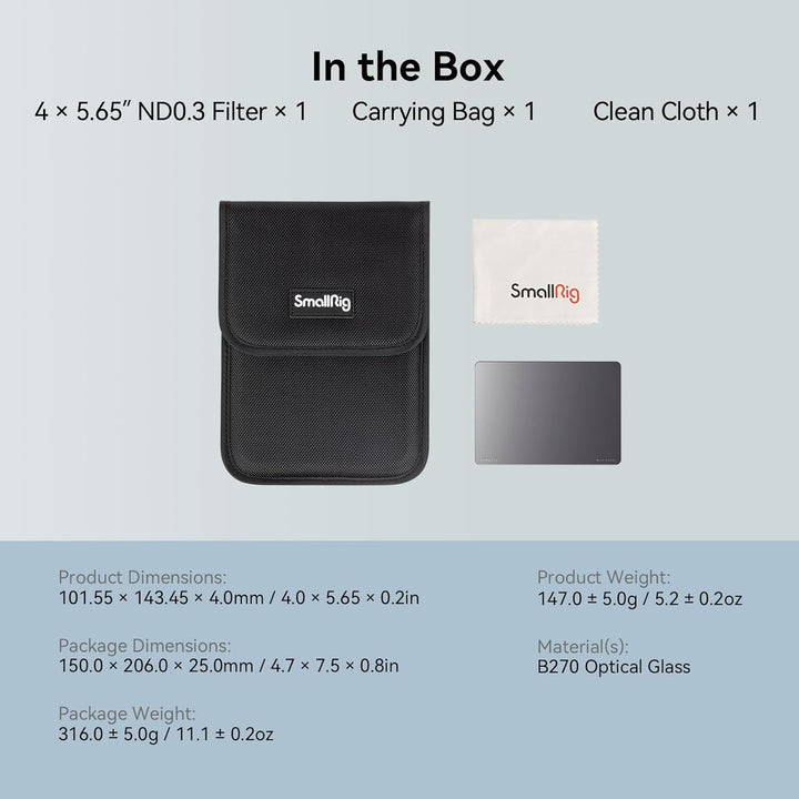 SMALLRIG 4 x 5.65 ND 0,3 (1 Stop) Filter, quadratischer Neutraldichtefilter, 4 mm Dickes, mehrschich
