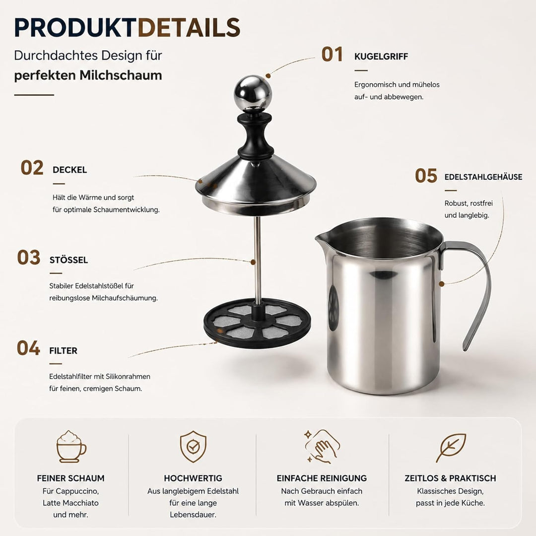 LATRAT 800 ml Manueller Milchaufschäumer, Manueller Milchaufschäumer Edelstahl Handaufschäumender Kr