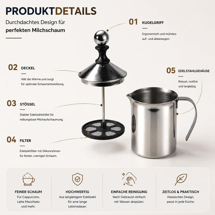LATRAT 800 ml Manueller Milchaufschäumer, Manueller Milchaufschäumer Edelstahl Handaufschäumender Kr