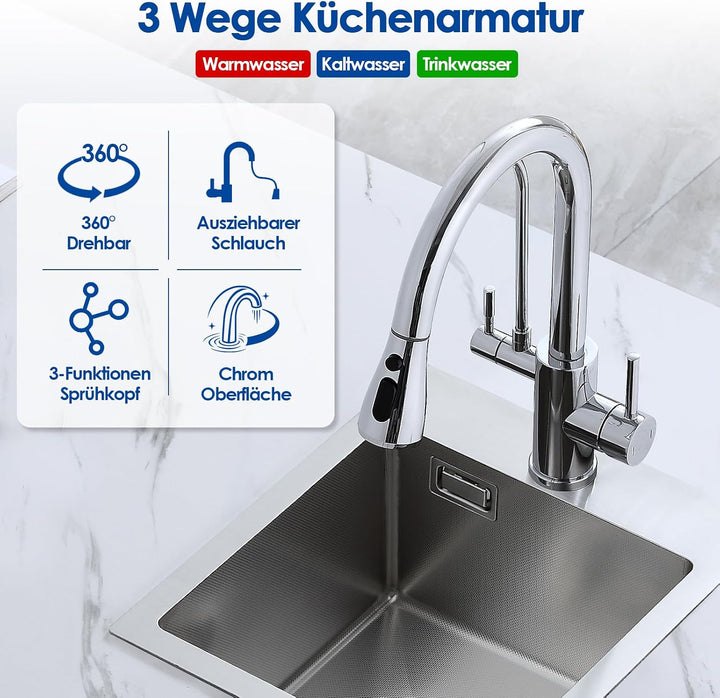 ROVOGO Chrom 3 Wege Wasserhahn Küche mit Filter, Küchenarmatur Hochdruck mit Brause Ausziehbar, 360°