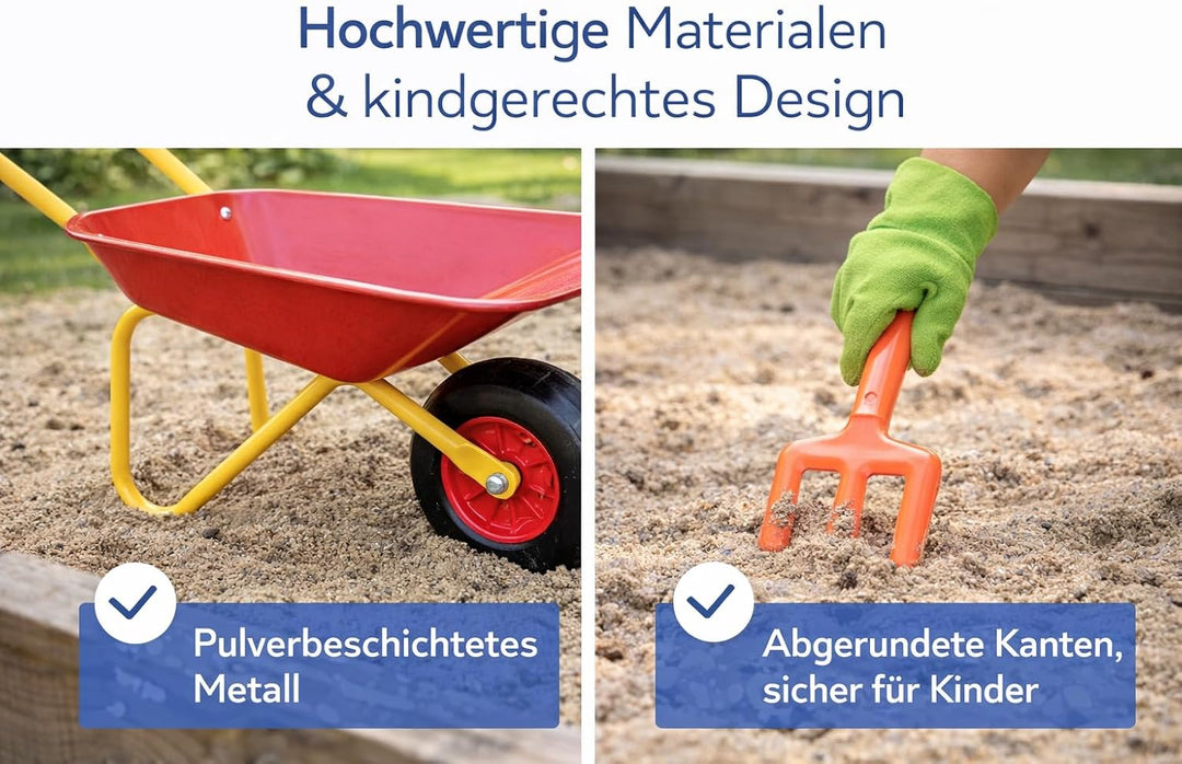 Kinder Schubkarren Set 7-Teile Metall &amp; Holz Gartenspielzeug mit Schubkarre, Schaufel, Harke, Forke,