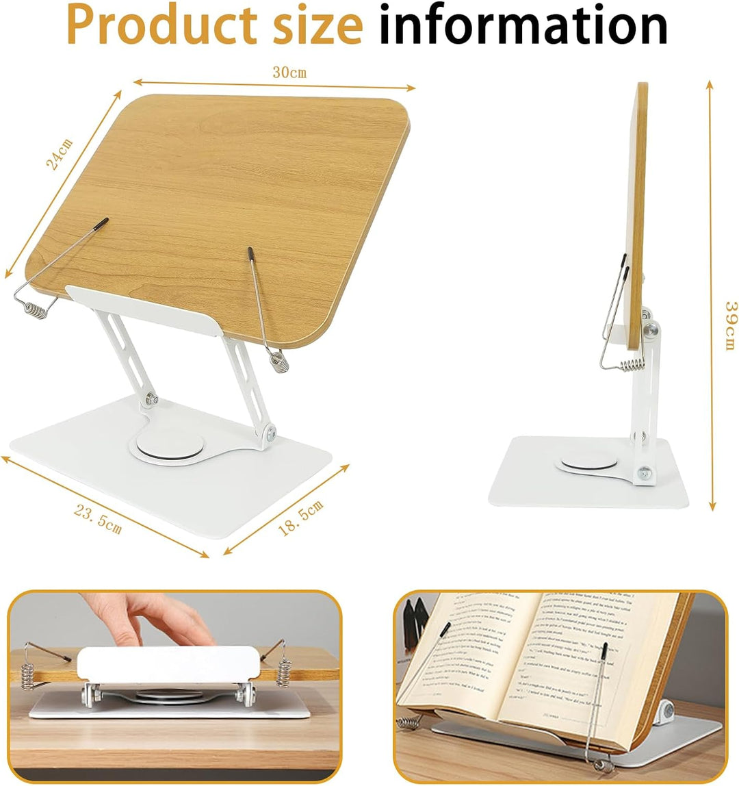 Buchständer Holz - 360° Drehung Höhenverstellbarer Buchhalter Leseständer mit Massivem Aluminiumlegi