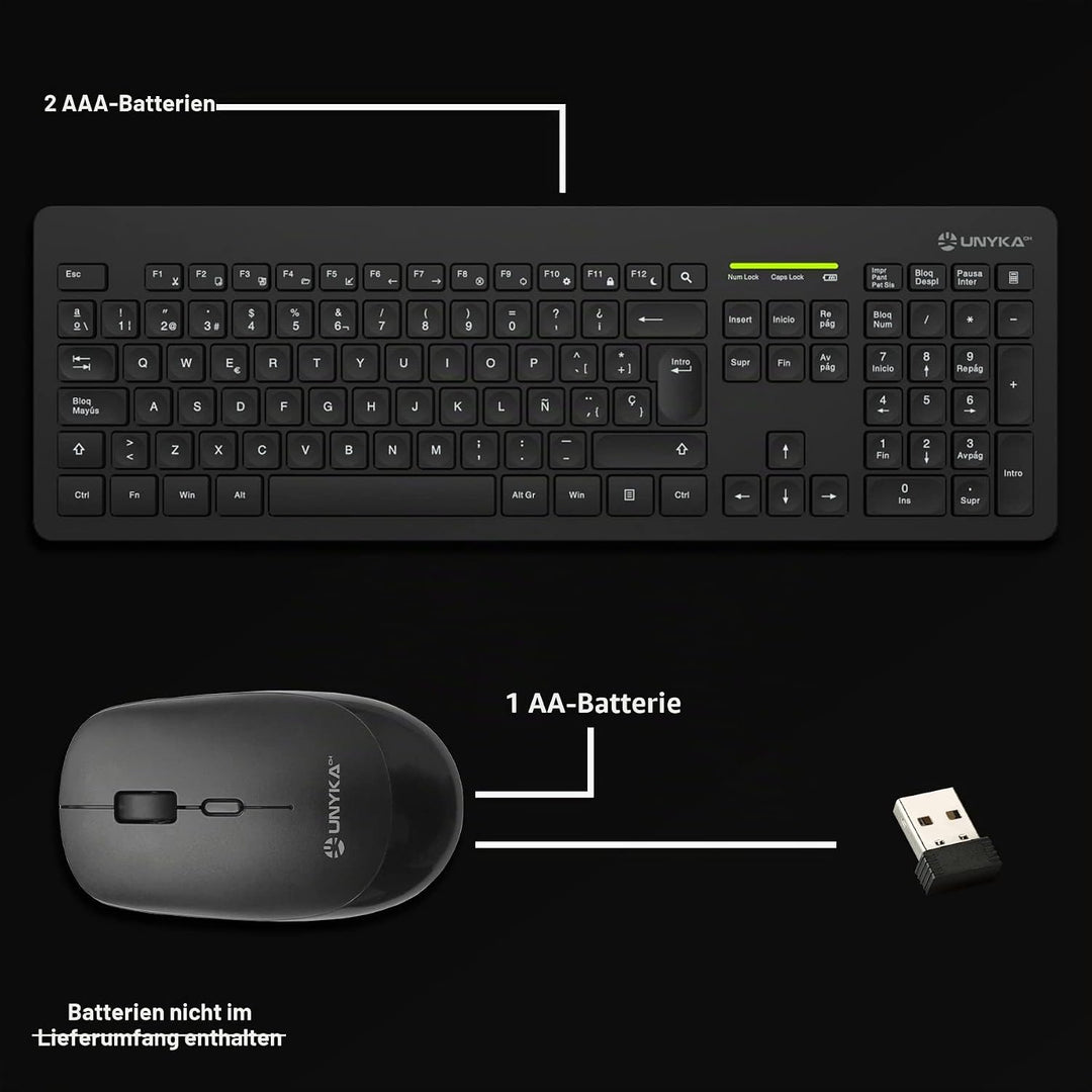 UNYKAch MK212 Pro Slim Kabelloses Tastatur- und Maus-Set, 105 Tasten, Membran, Portugiesisch, USB Wi