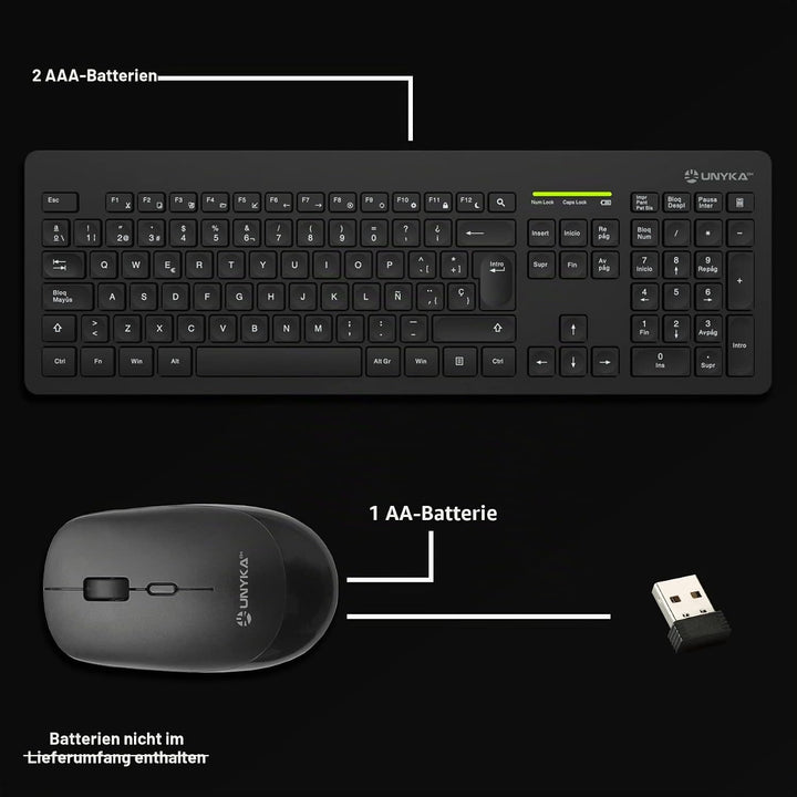 UNYKAch MK212 Pro Slim Kabelloses Tastatur- und Maus-Set, 105 Tasten, Membran, Portugiesisch, USB Wi