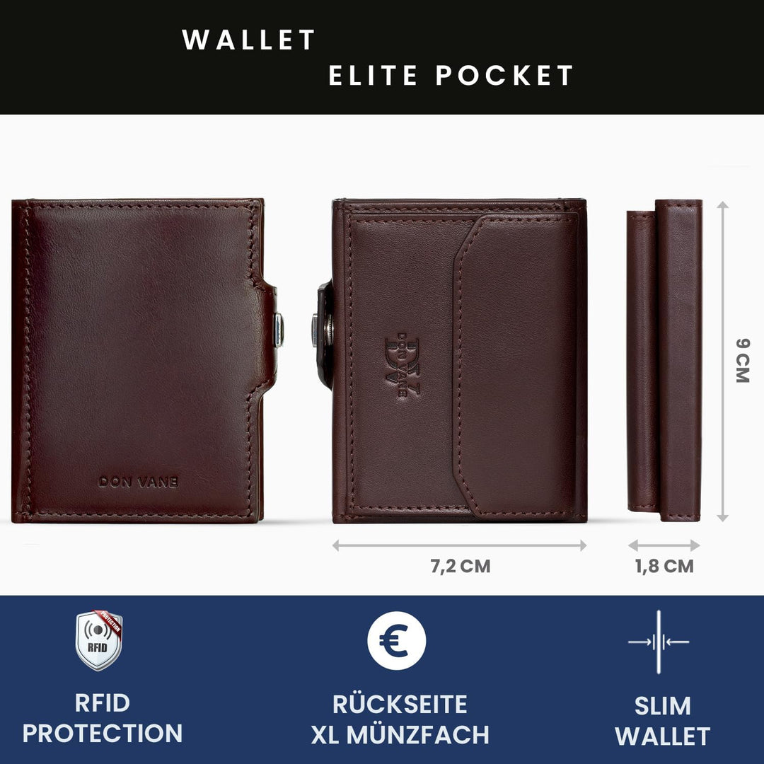 DON VANE Elite Pocket I Slim Wallet mit XL Münzfach I Mini Geldbörse Leder mit RFID Schutz I Kleines
