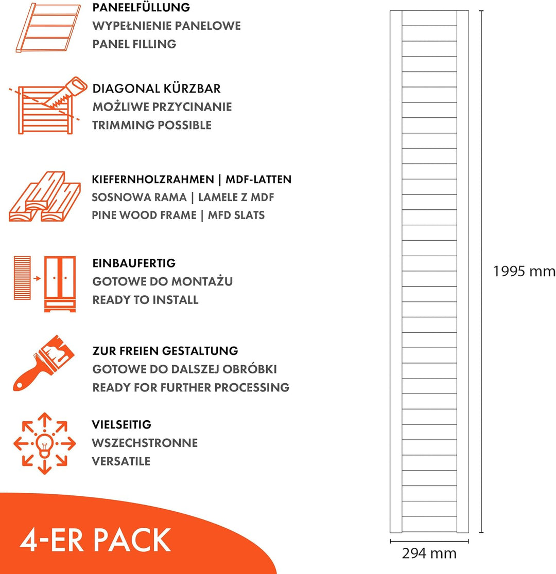 Lamellentüren Holz 4er Pack 294x1995 mm | Holztür aus massiver Kiefer mit MDF Lamellen | Möbelfronte