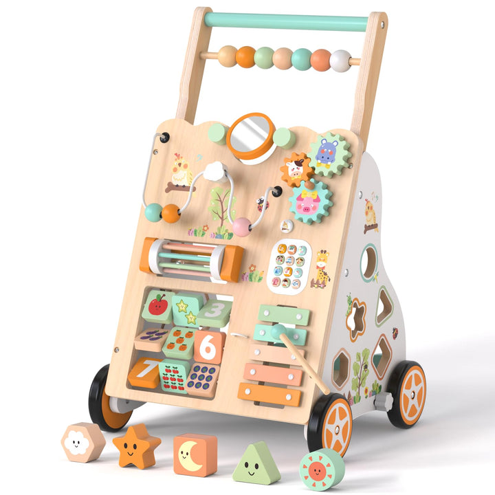 Holz-Lauflerner für Kleinkinder 12+ Monate, Montessori-Schiebewagen mit Aktivitätszentrum, Perlenlab