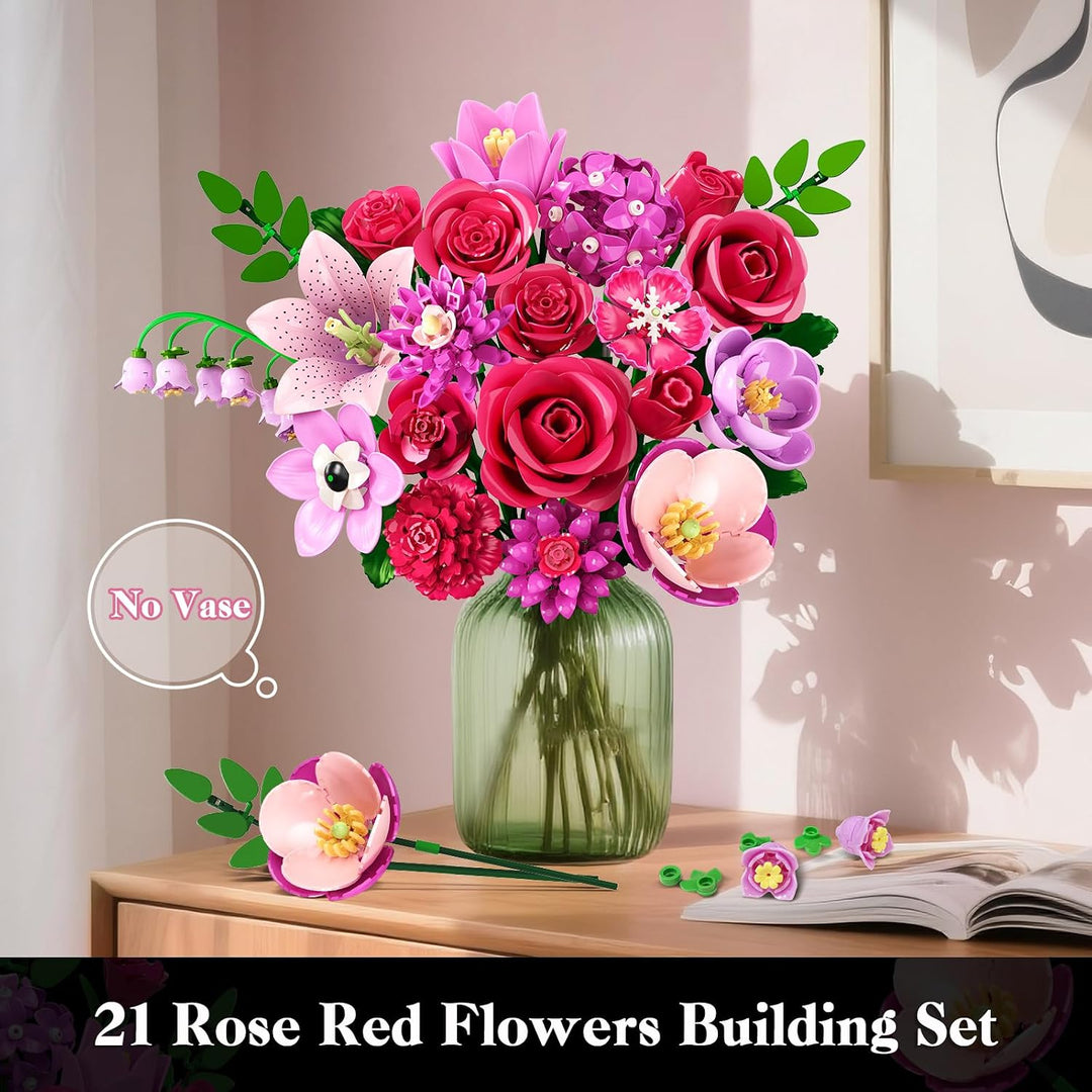 CUBIMANA Blumen Blumenstrauss Set mit LED für Erwachsene Frauen Mädchen 12+ Rosarot, Rosarot