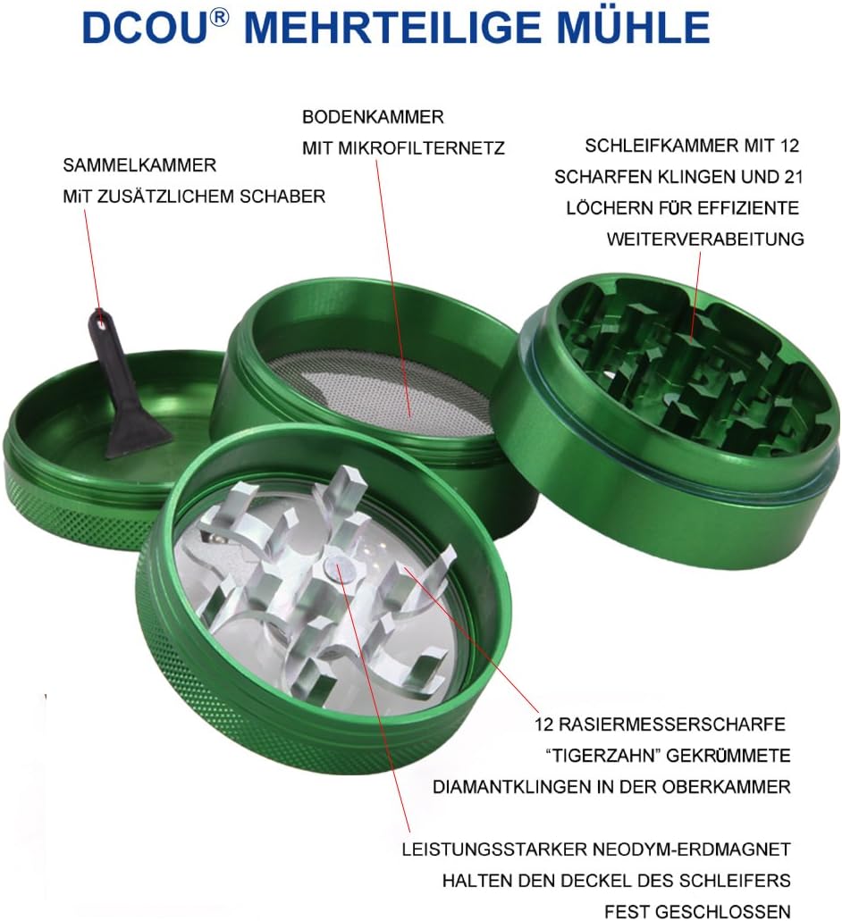 DCOU Handkurbel Premium Mühle unzerbrechlich CNC Aluminium Metall Mahler Schleifer 4 Teile Ø55mm Grü