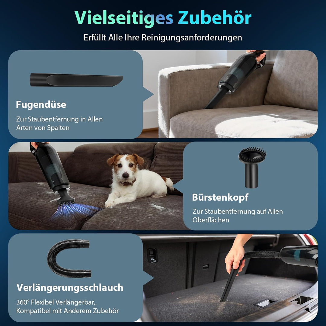 Handstaubsauger Akku Kabellos, 25000pa Auto Staubsauger Stark mit Bürstenloser Motor, 4-in-1Mini Sta