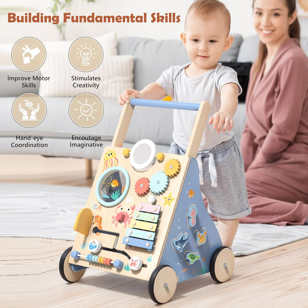 Lauflernwagen Holz, Ozean Baby Lauflernhilfe mit Multifunktional Montessori Spielzeug, Holzspielzeug