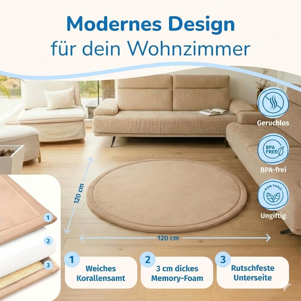 BabybeFun Krabbelmatte Baby - kuschelig weich - 3cm Dicke Spielmatte - schützt vor Stössen - Teppich
