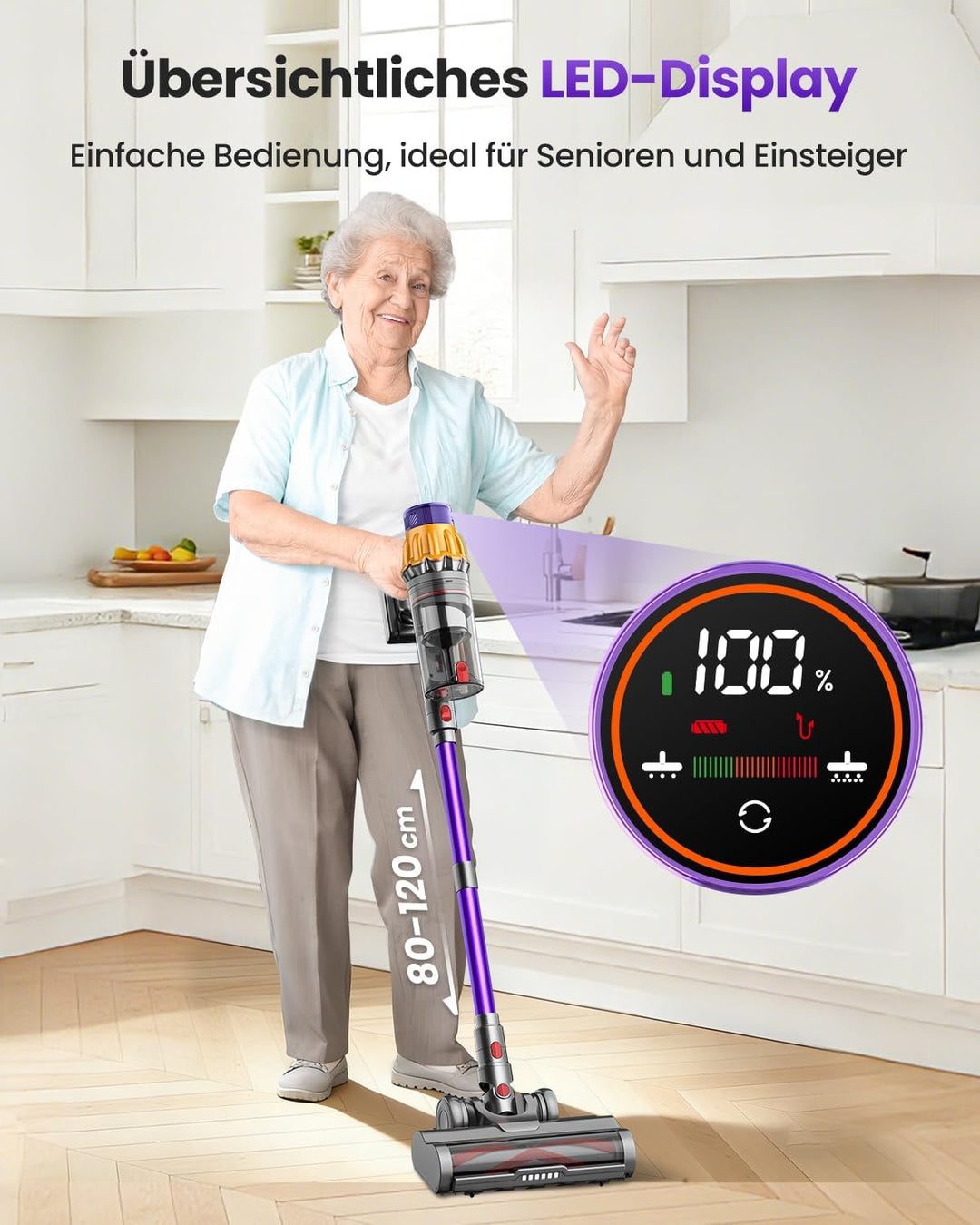 Akku Staubsauger für Tierhaare, V17Max 2 Akkus 150Min Laufzeit/58KPA 650W Starke Saugkraft, Anti-Tan