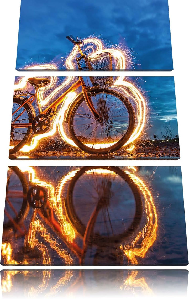 Pixxprint Burning Bike brennendes Fahrrad 3Teiler 120x80 cm Leinwandbild Wandbild Kunstdruck