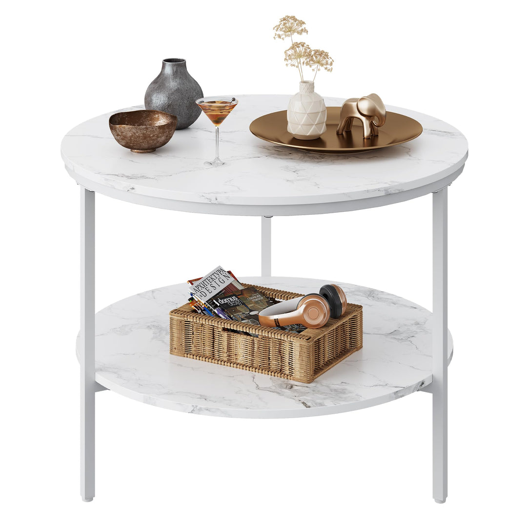 WLIVE Runder Couchtisch Weiss, Wohnzimmertisch Holz mit 2 Ebenen, Sofatisch mit viel Stauraum, für W
